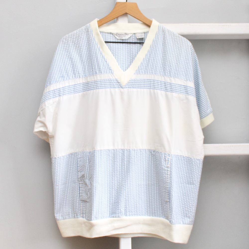 Christian Dior Vintage Seersucker Striped Short Sleeve V-Neck Shirt Size Large